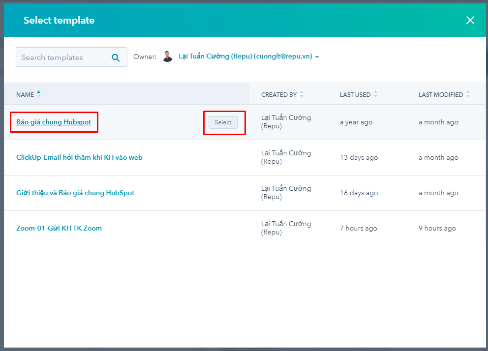 HubSpot CRM & Sales Hub - Sử dụng Email Templates nhanh-HubSpot Việt Nam-Repu-02-Chọn Template