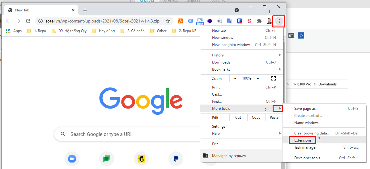 Hướng dẫn tải và cài đặt Sotel 2021-Mở Chrome và mục Extensions